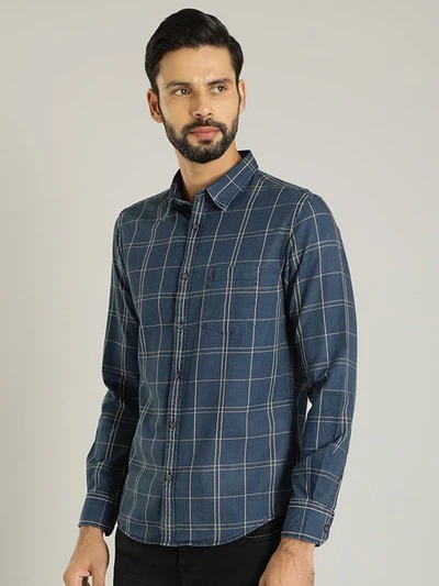 Indian Terrain Men's Slim Fit Full Sleeve Checkered Blue Shirt